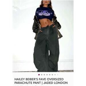 NWT Jaded London Parachute Pants Black Cargo Utility Wide Leg Drawstring Hem S
